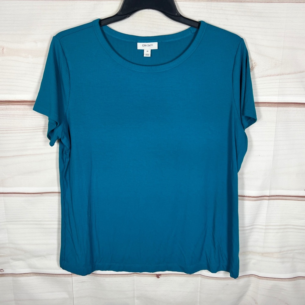 On 34th Ribbed T-Shirt Womens 2X Blue Solid Short Sleeve Crew Neck Top Knit